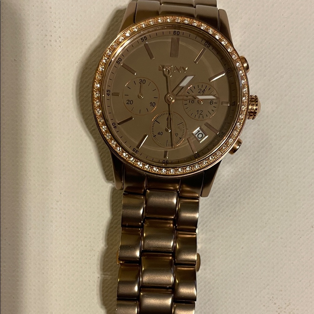 DKNY Rose Gold Tone Crystal Bezel Chronograph Watch